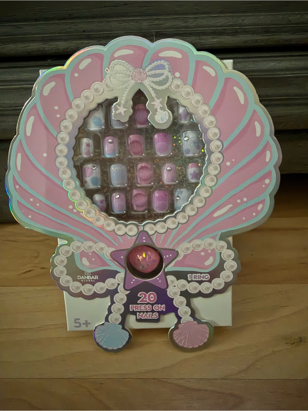 Kids Press-On Nail Set with Ring - Pink Shell Design - Picture 2 of 4